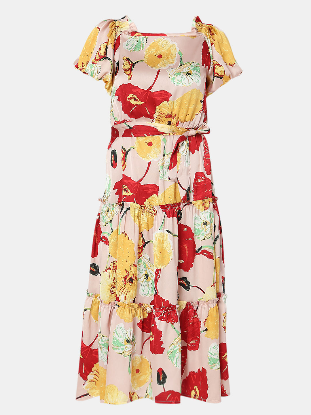 Peach Floral Tiered Midi Dress