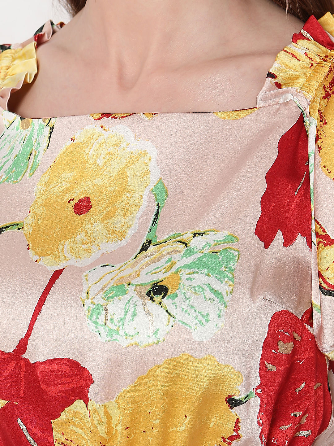 Peach Floral Tiered Midi Dress