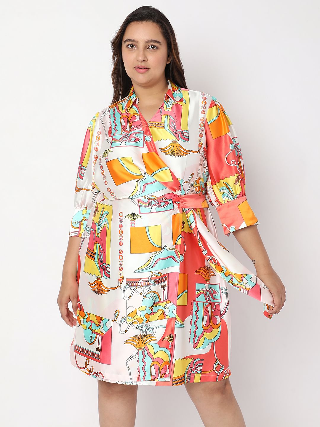 Curve Orange Printed Wrap-Over Dress