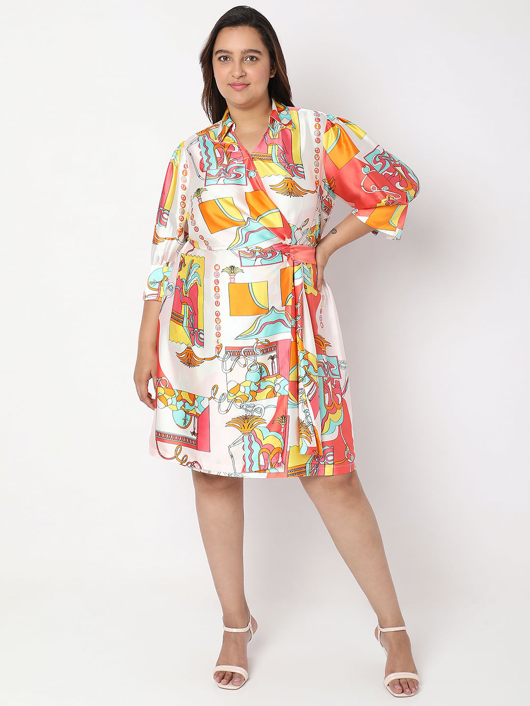 Curve Orange Printed Wrap-Over Dress