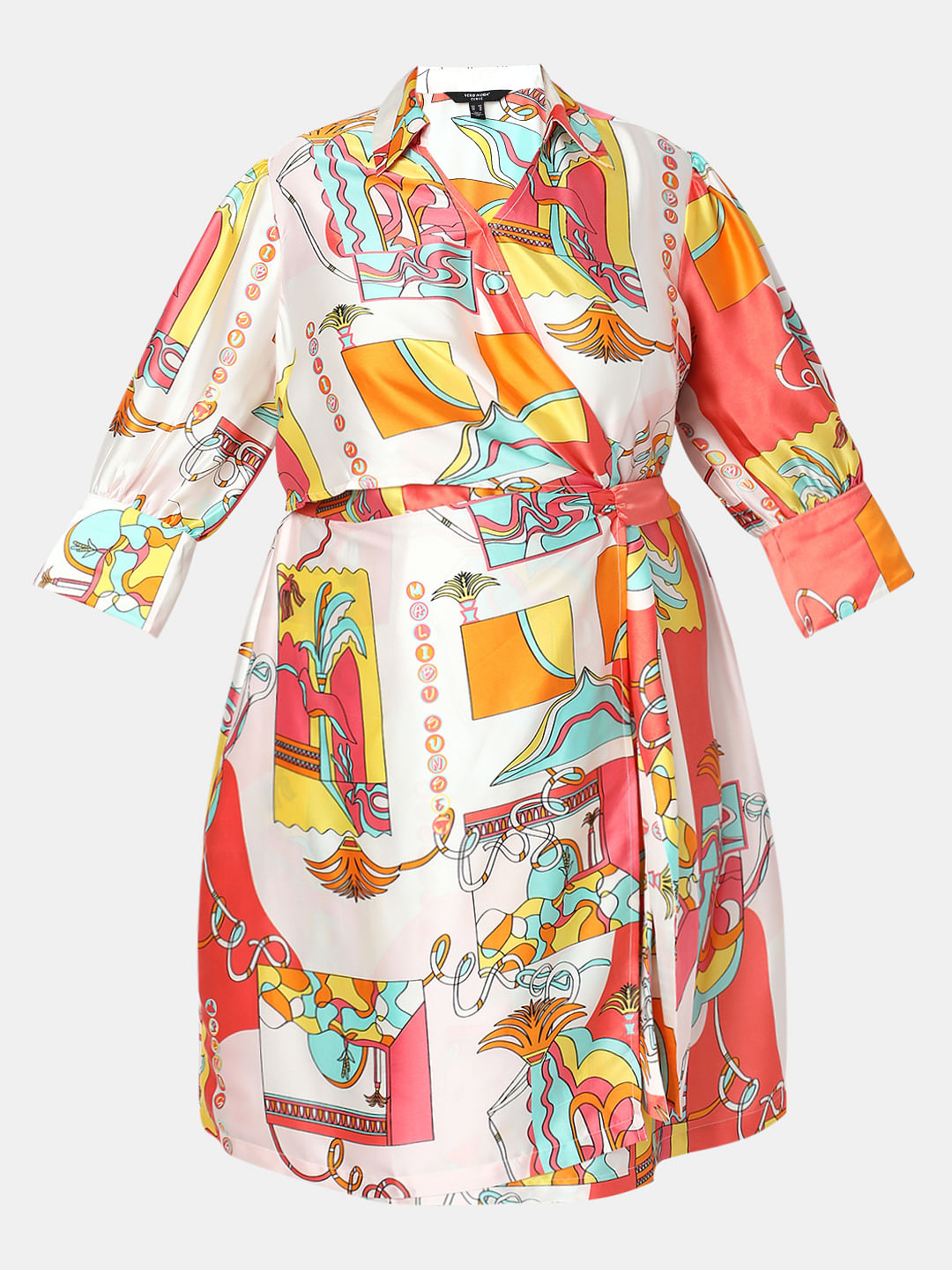 Curve Orange Printed Wrap-Over Dress