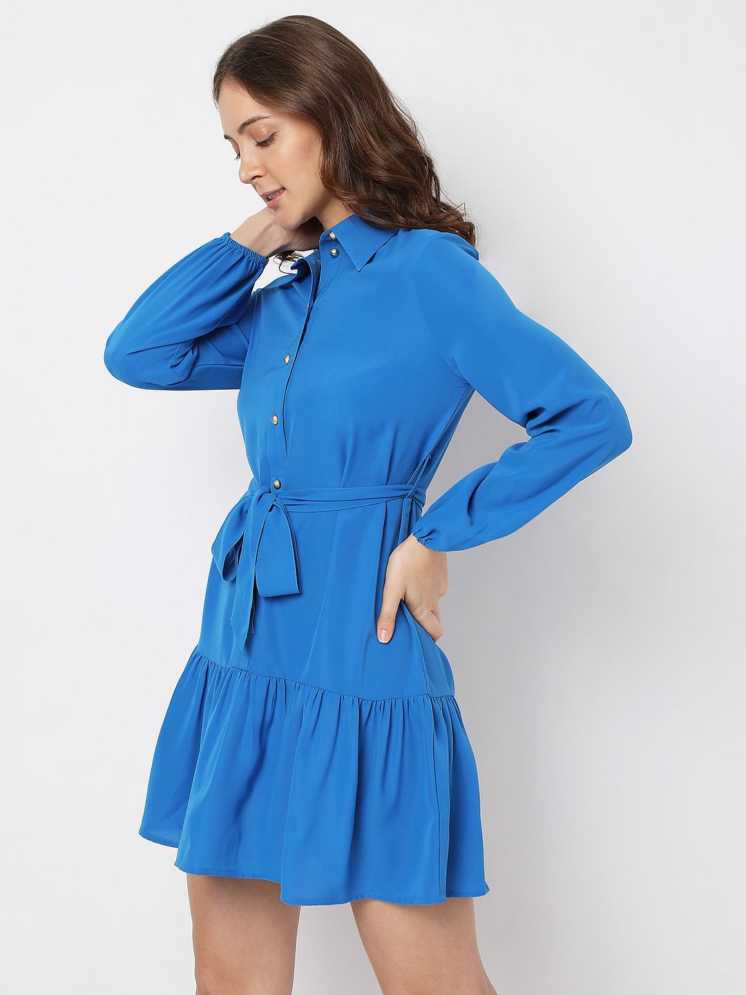 Blue Tiered Mini Shirt Dress