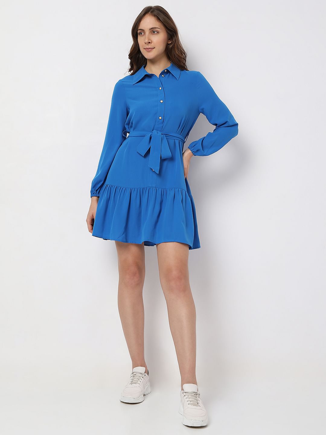 Blue Tiered Mini Shirt Dress