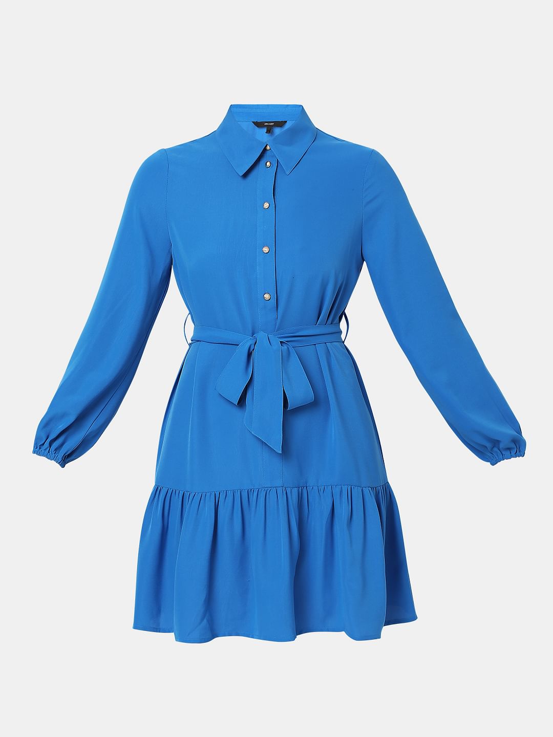 Blue Tiered Mini Shirt Dress