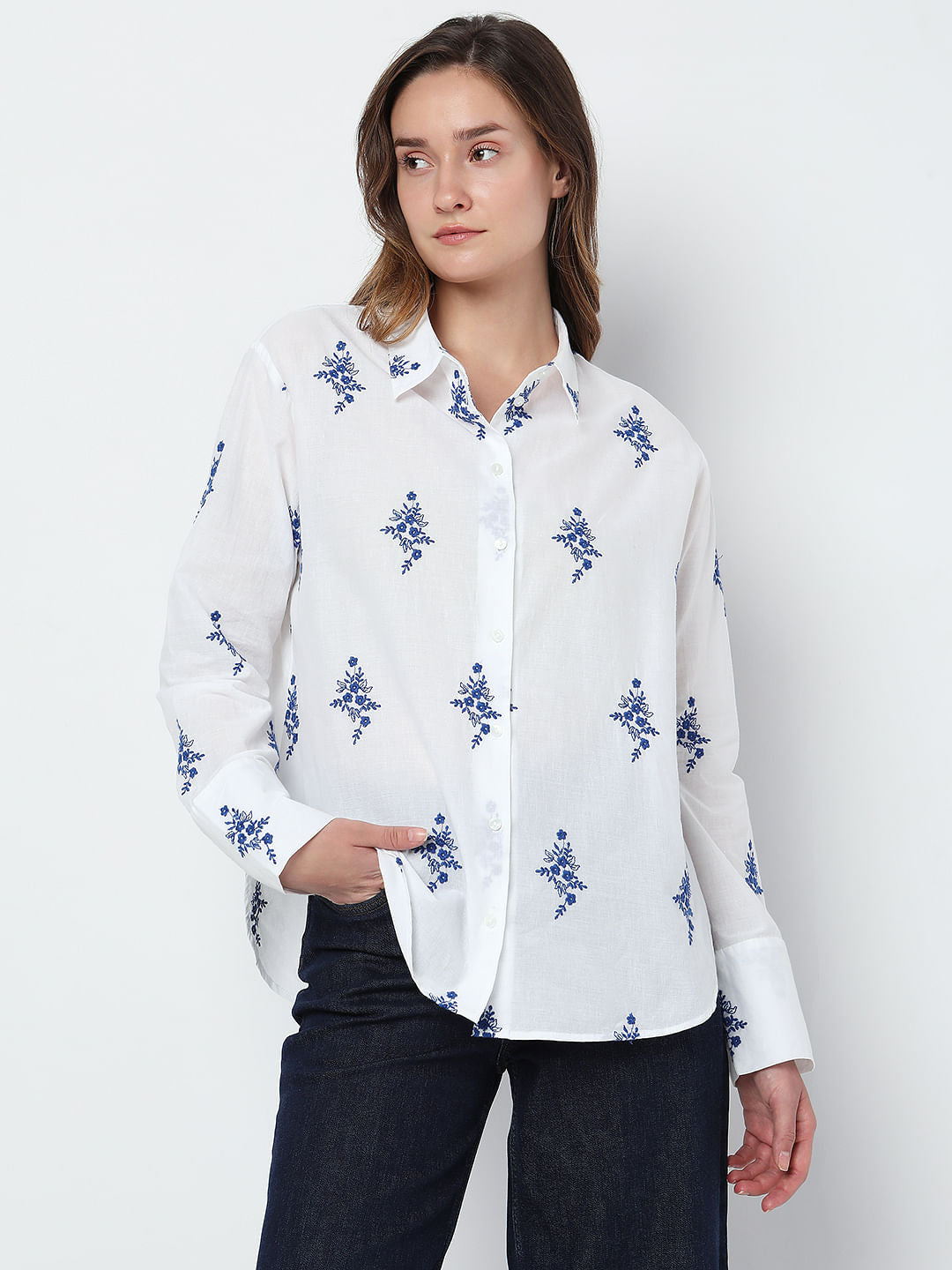 White Floral Embroidered Shirt