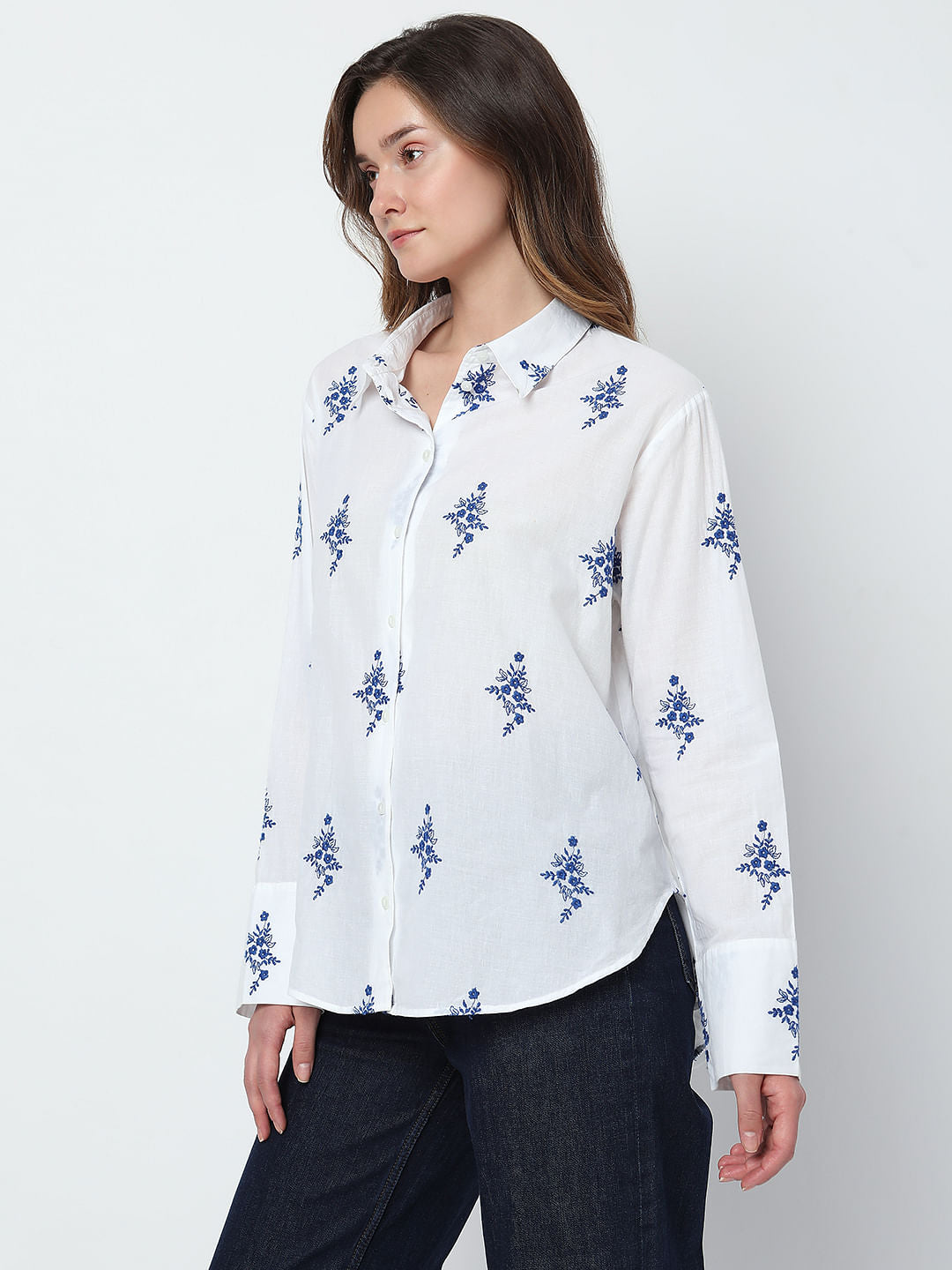 White Floral Embroidered Shirt