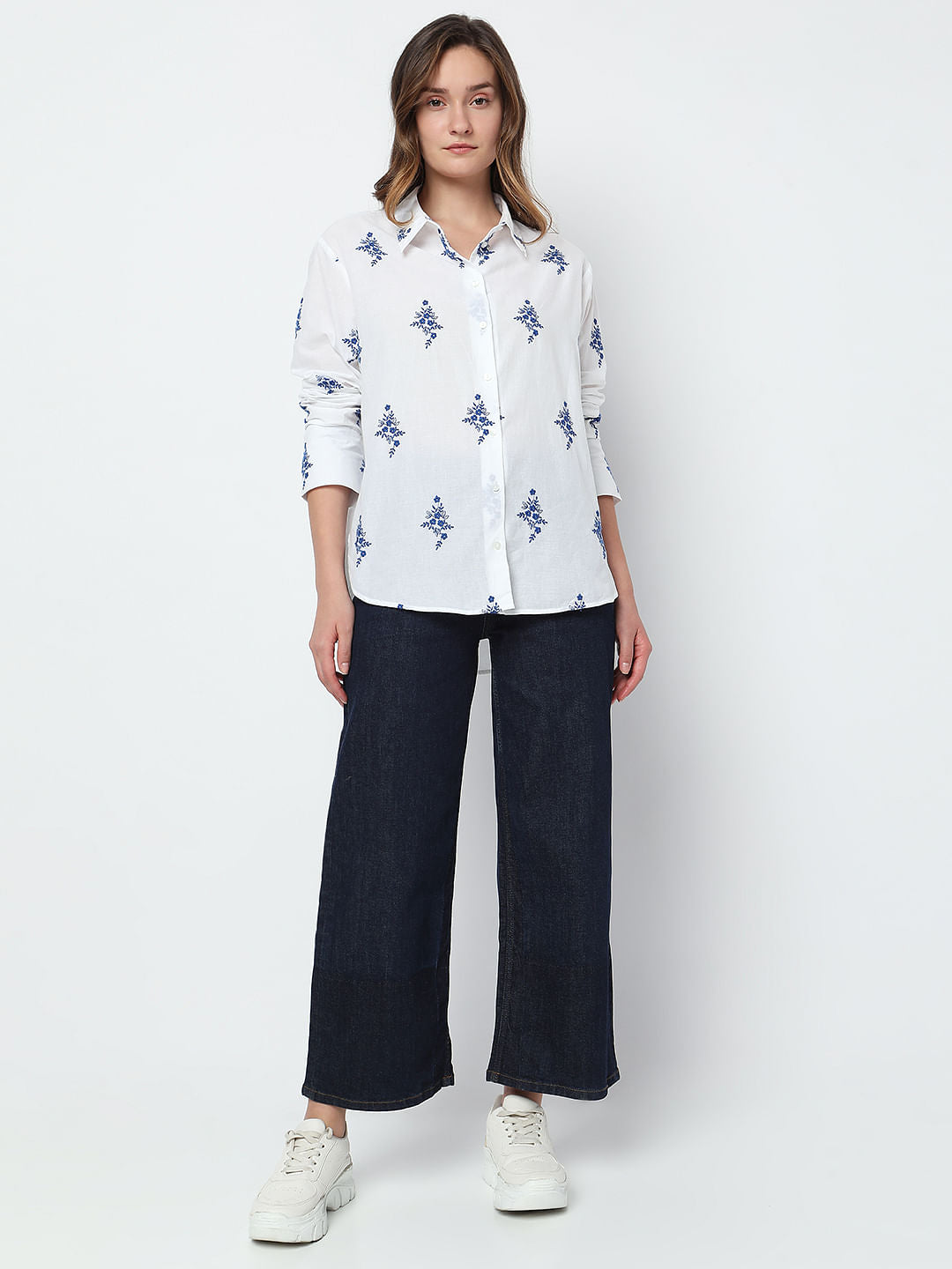 White Floral Embroidered Shirt