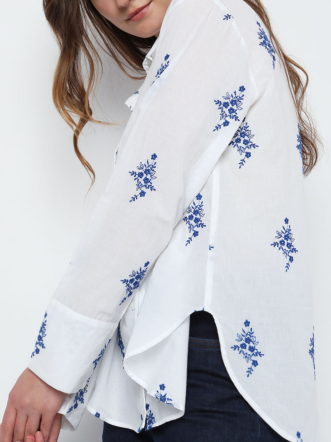 White Floral Embroidered Shirt