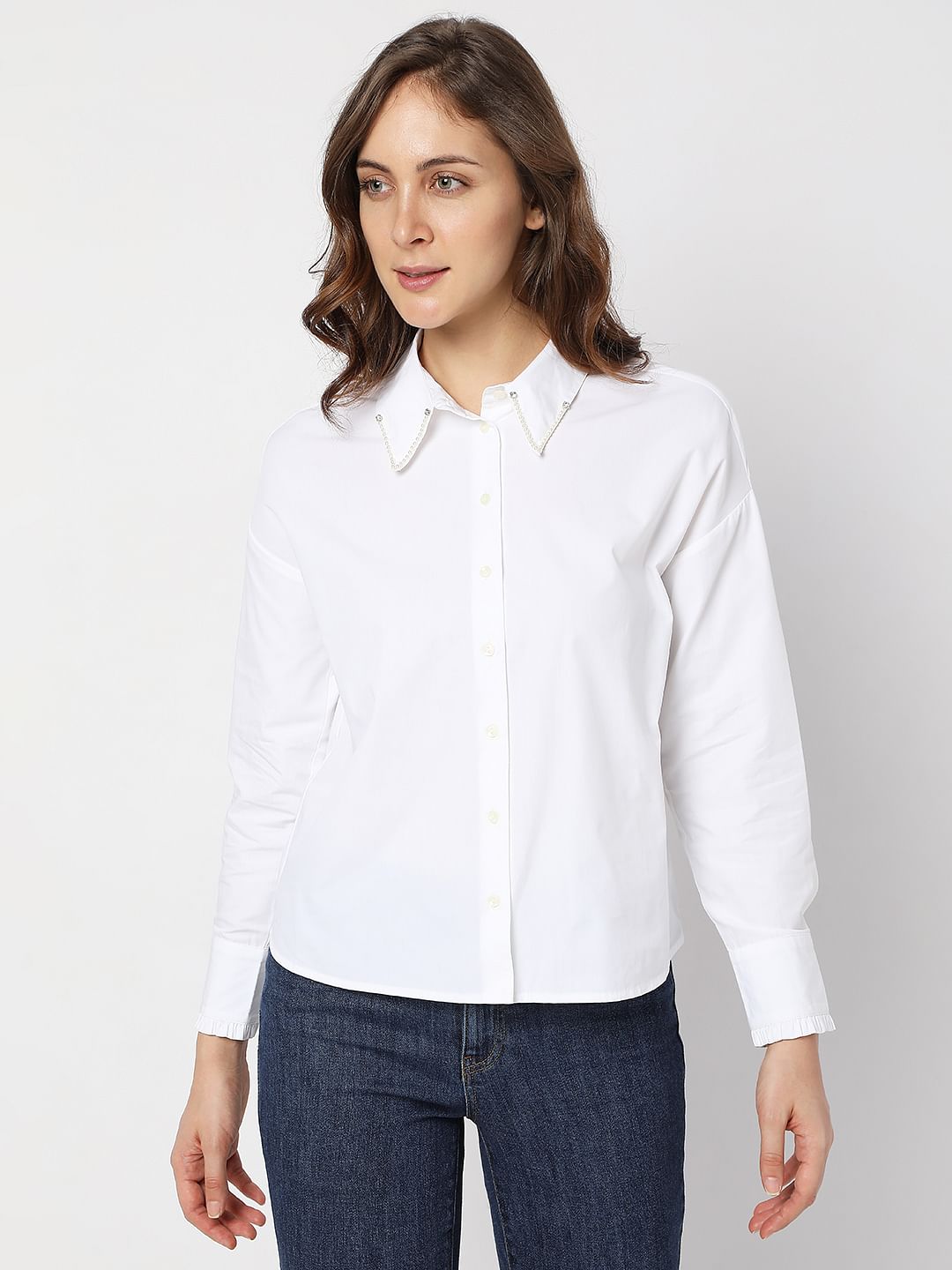 White Embellished Collar Shirt