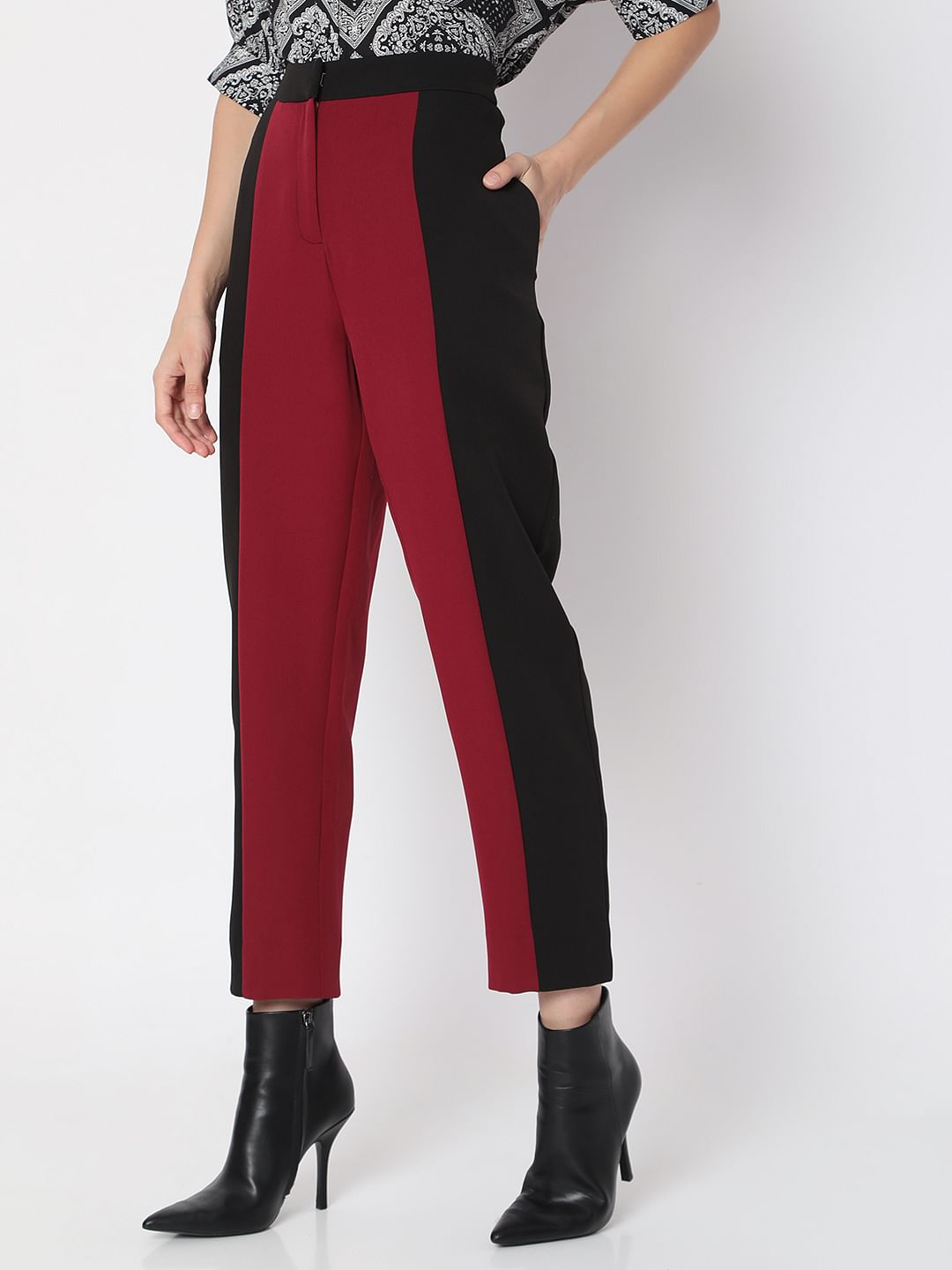 Maroon High Rise Colourblocked Trousers
