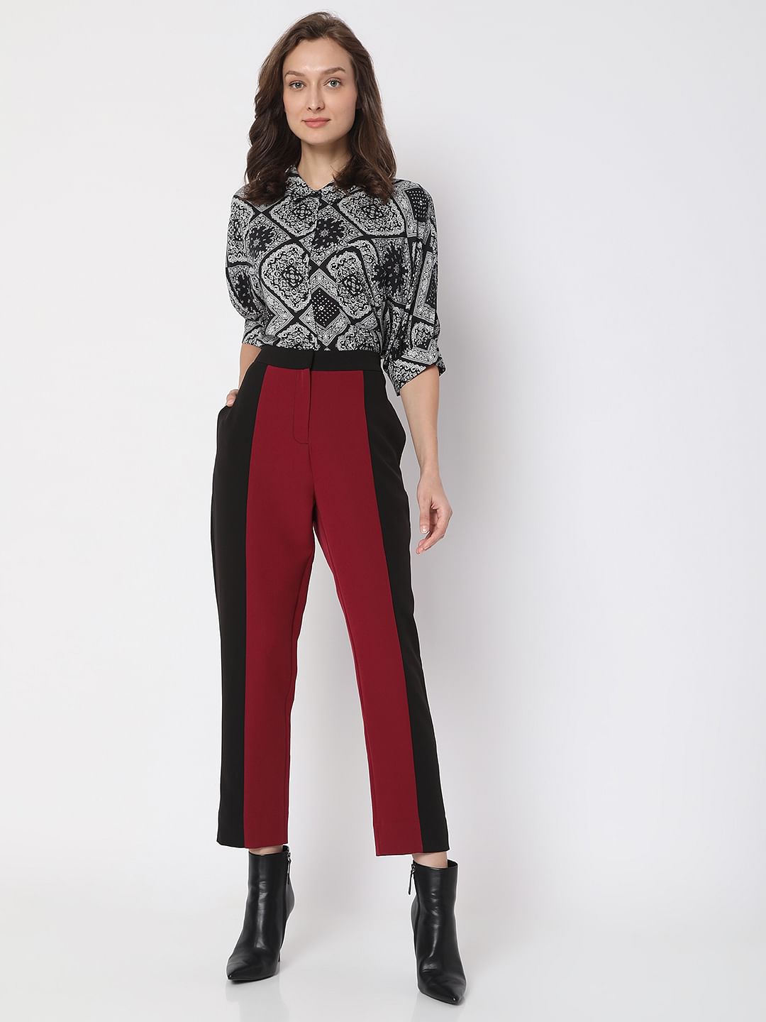Maroon High Rise Colourblocked Trousers