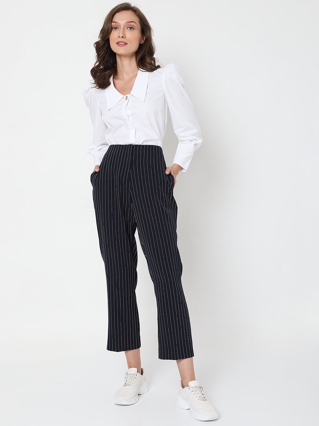 Navy Blue Mid Rise Striped Pants