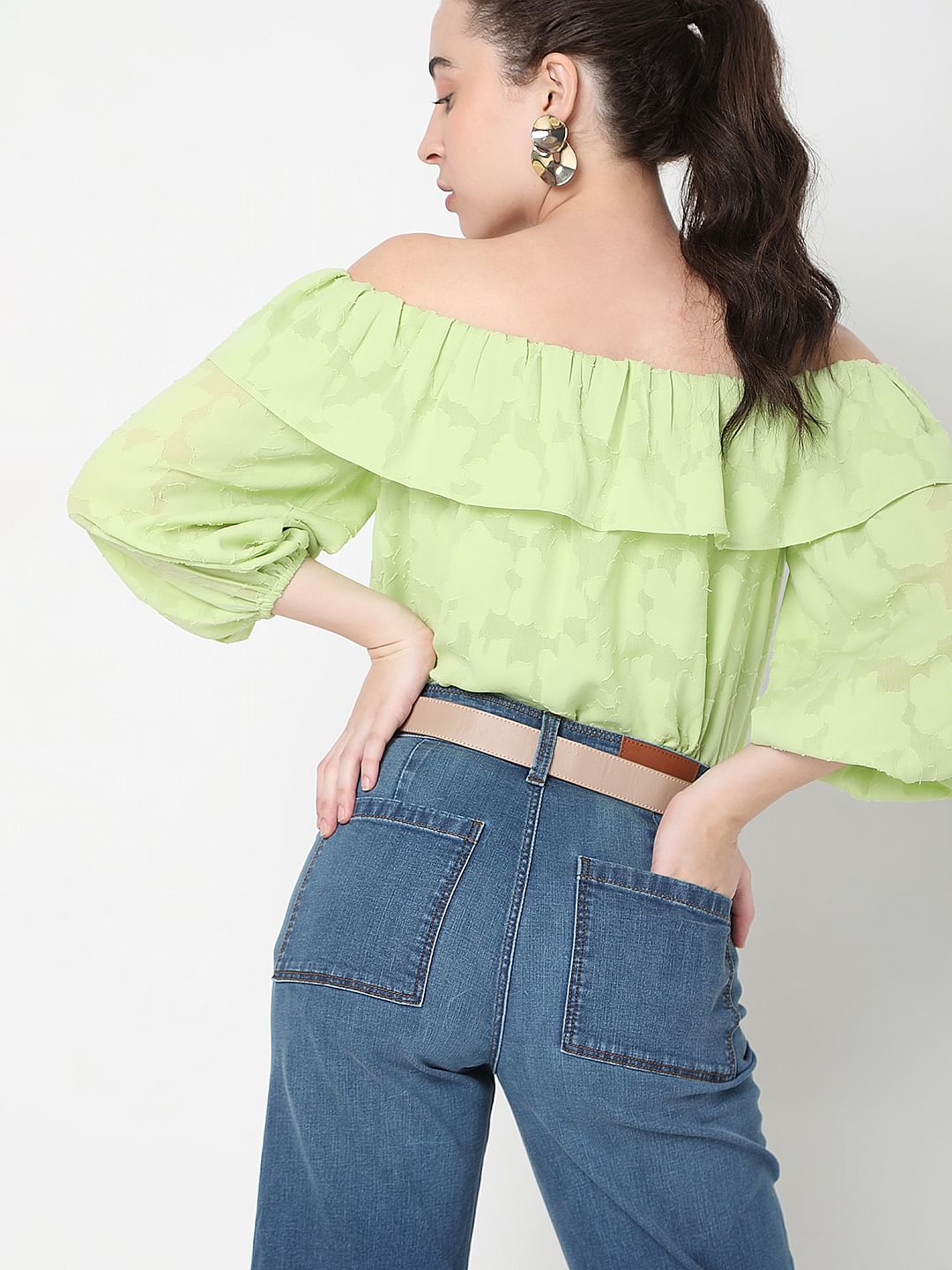 Green Floral Jacquard Print Off-Shoulder Top