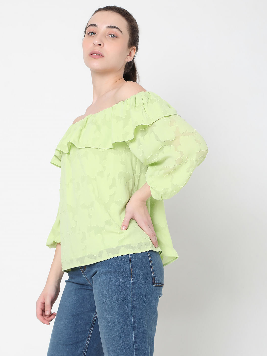 Green Floral Jacquard Print Off-Shoulder Top