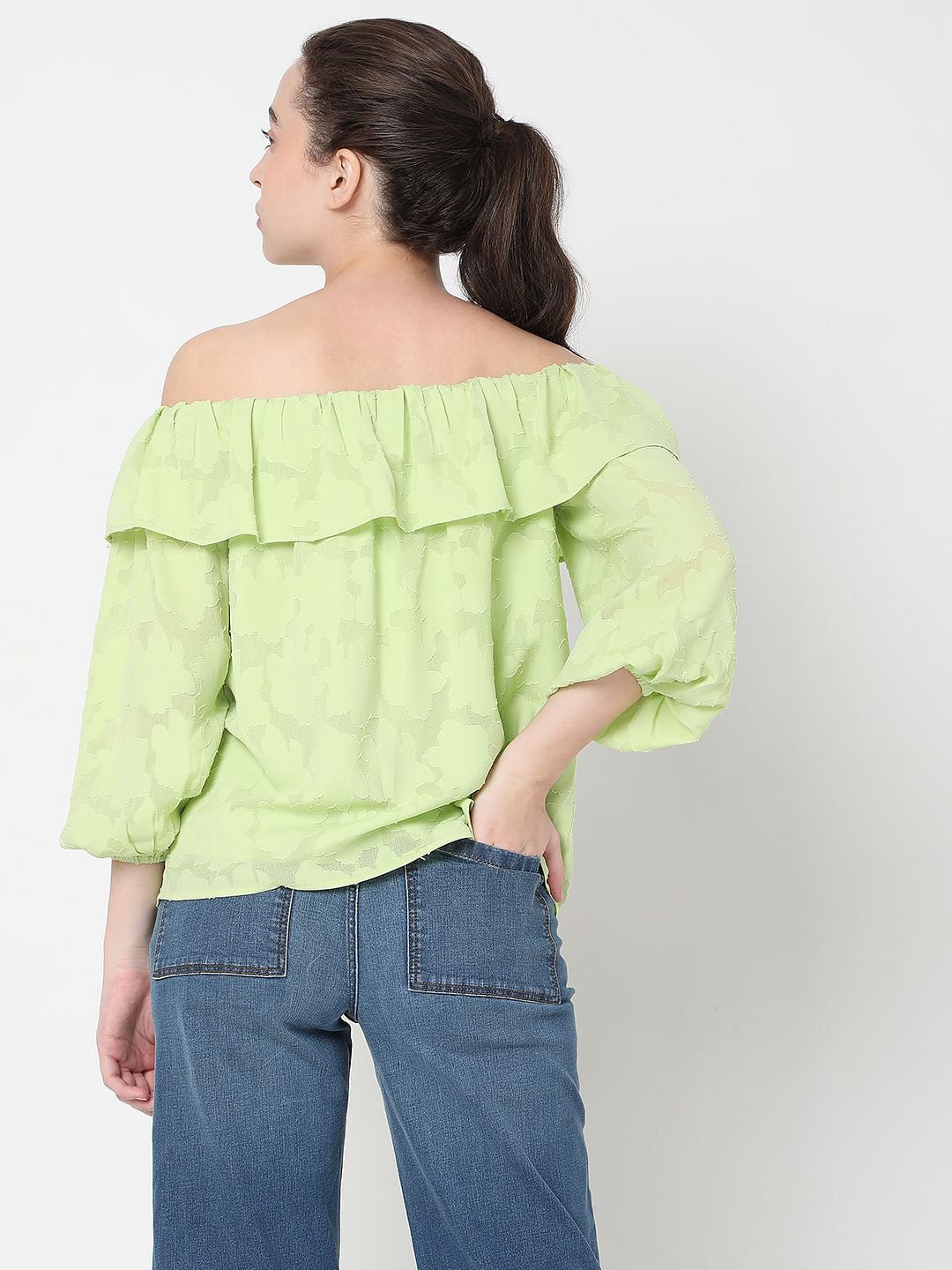 Green Floral Jacquard Print Off-Shoulder Top