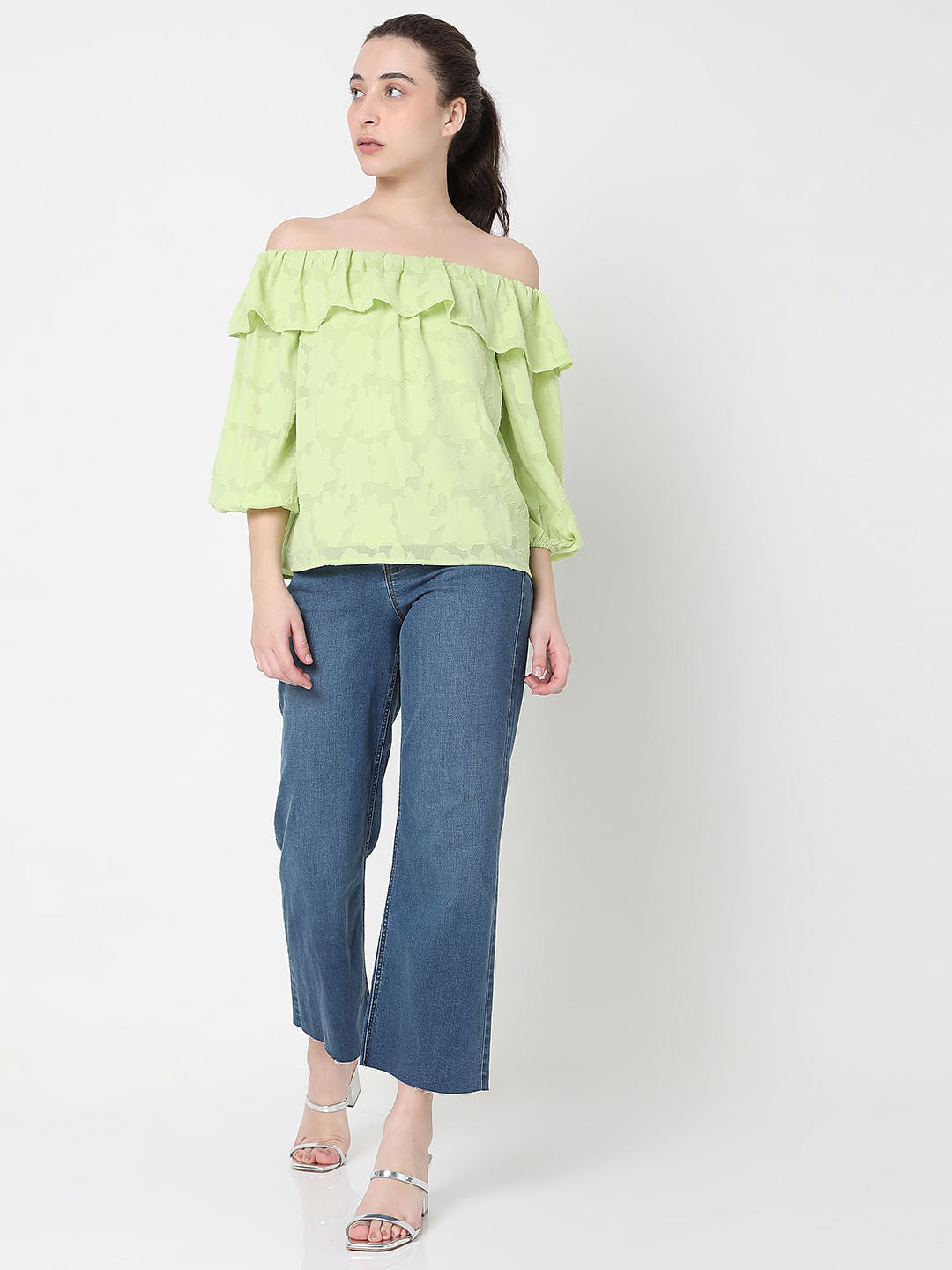 Green Floral Jacquard Print Off-Shoulder Top