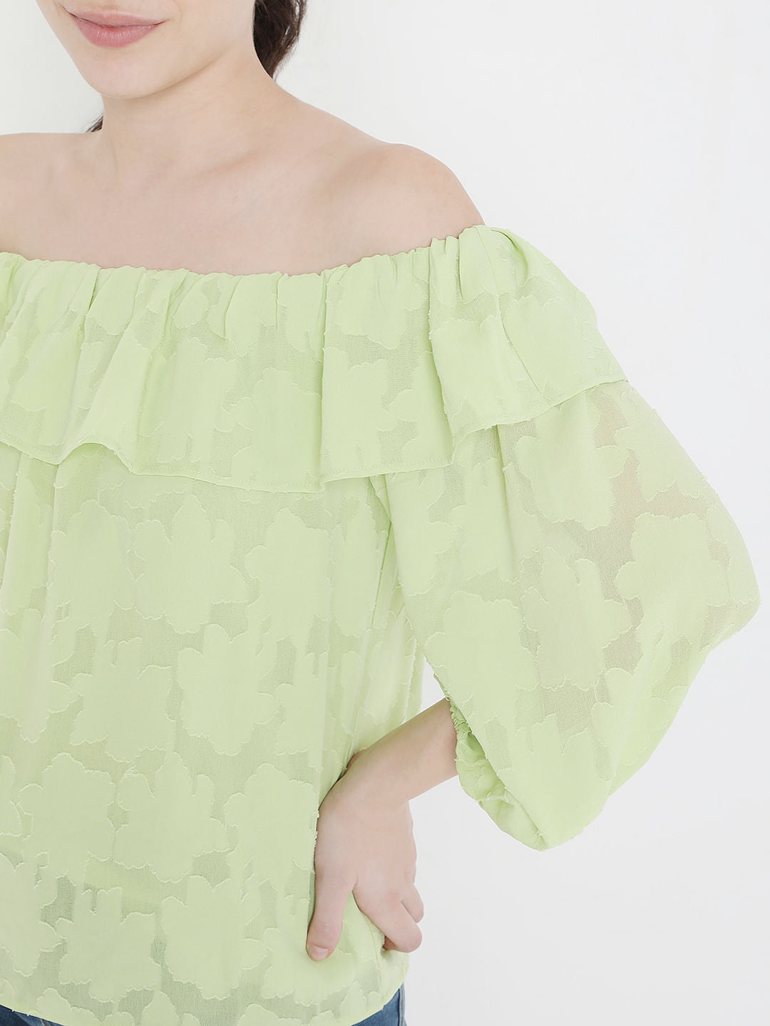 Green Floral Jacquard Print Off-Shoulder Top
