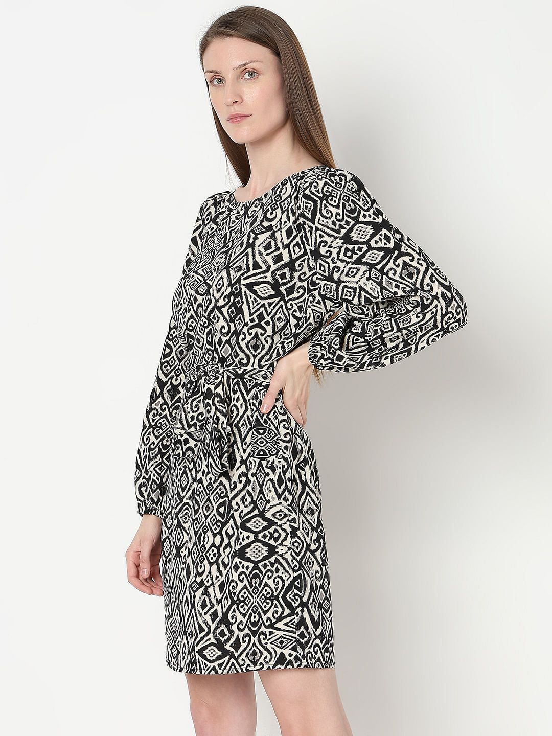 Black Printed Fit & Flare Dress