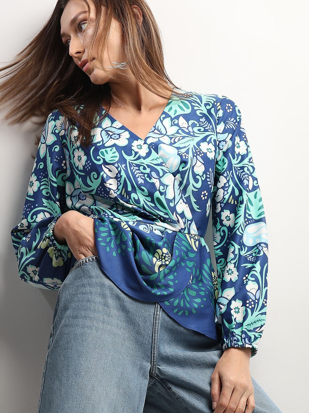Blue Printed Wrap Top