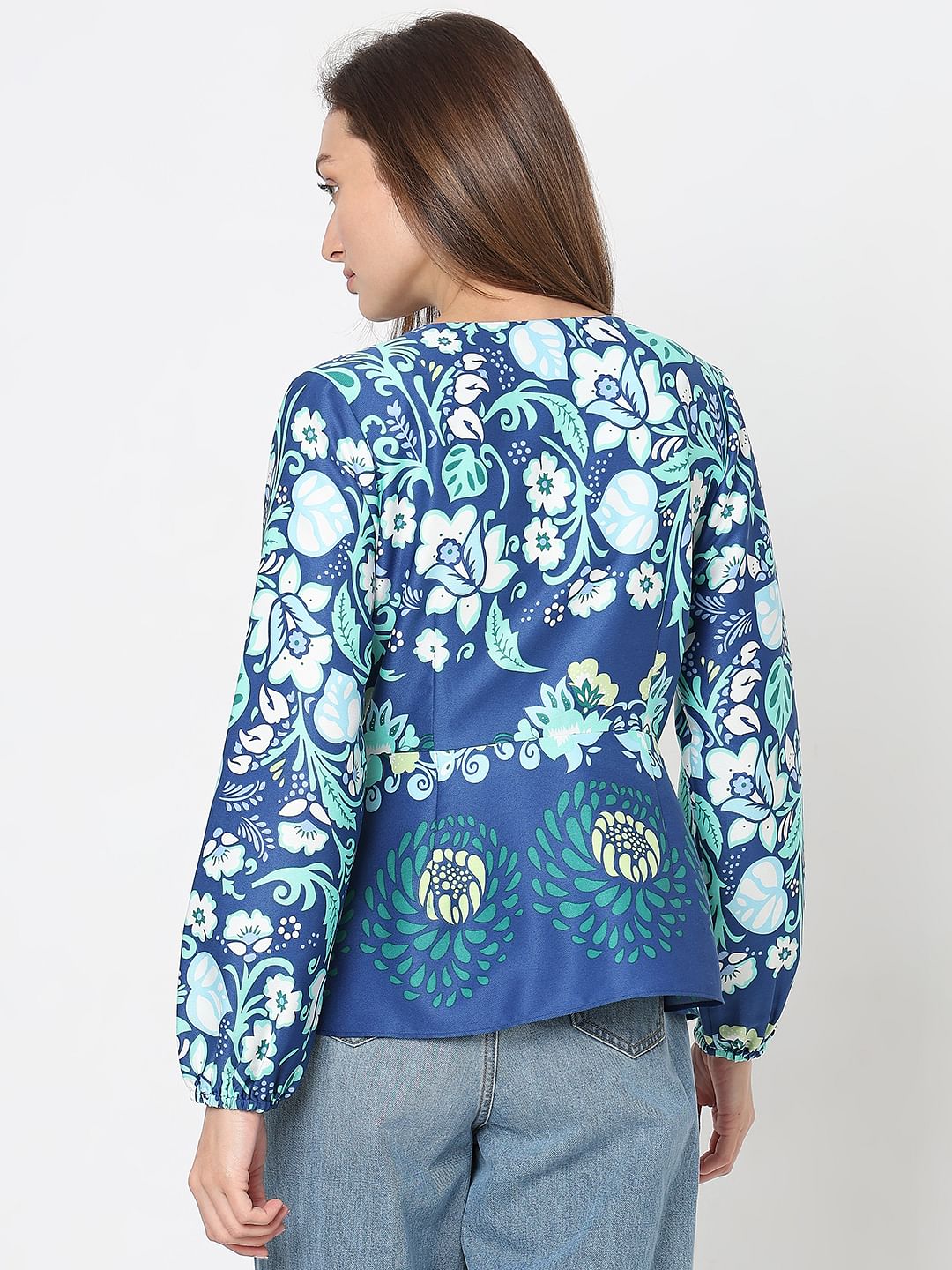Blue Printed Wrap Top