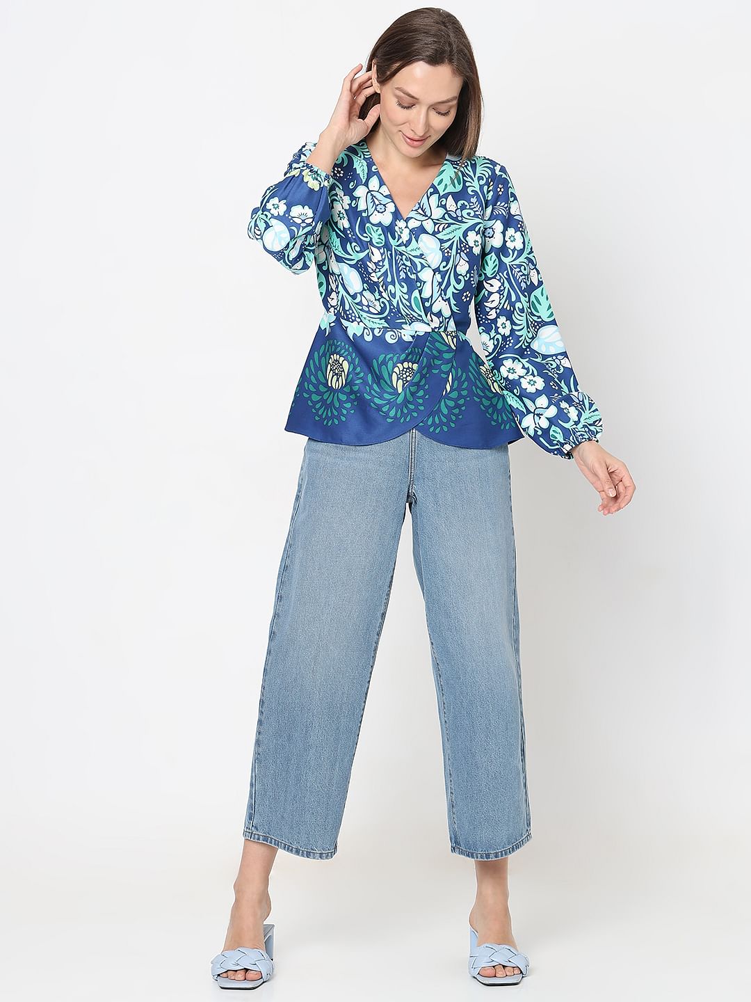 Blue Printed Wrap Top