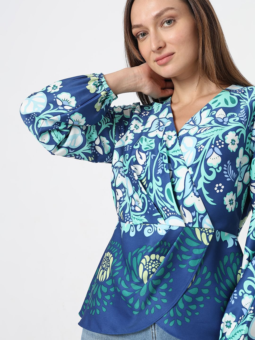 Blue Printed Wrap Top