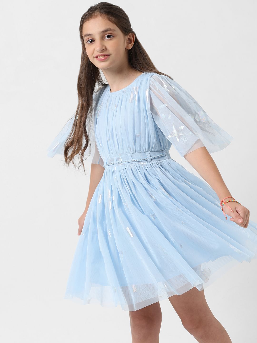 Girl Light Blue Mesh Fit & Flare Dress