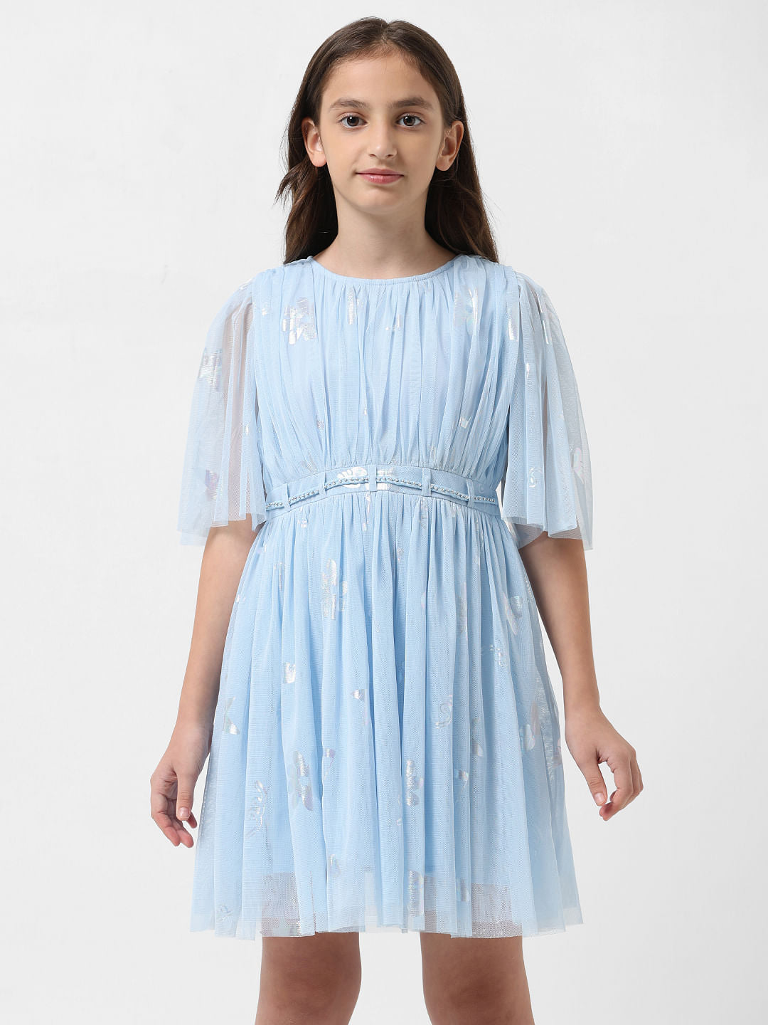 Girl Light Blue Mesh Fit & Flare Dress