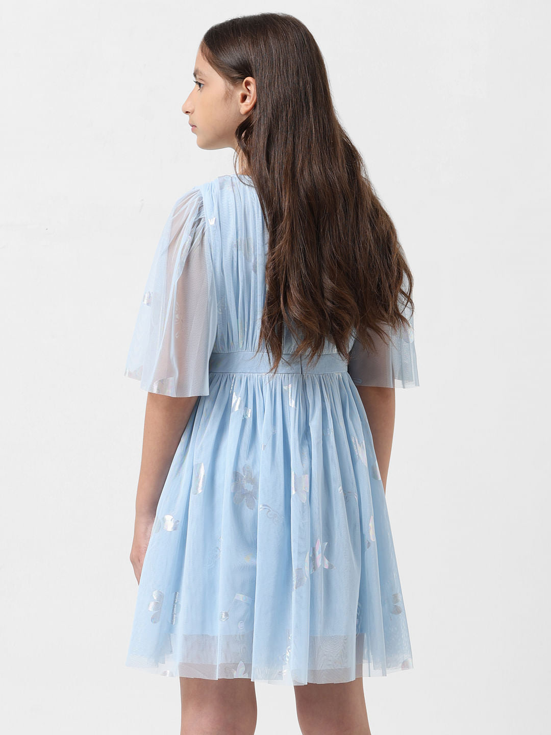 Girl Light Blue Mesh Fit & Flare Dress