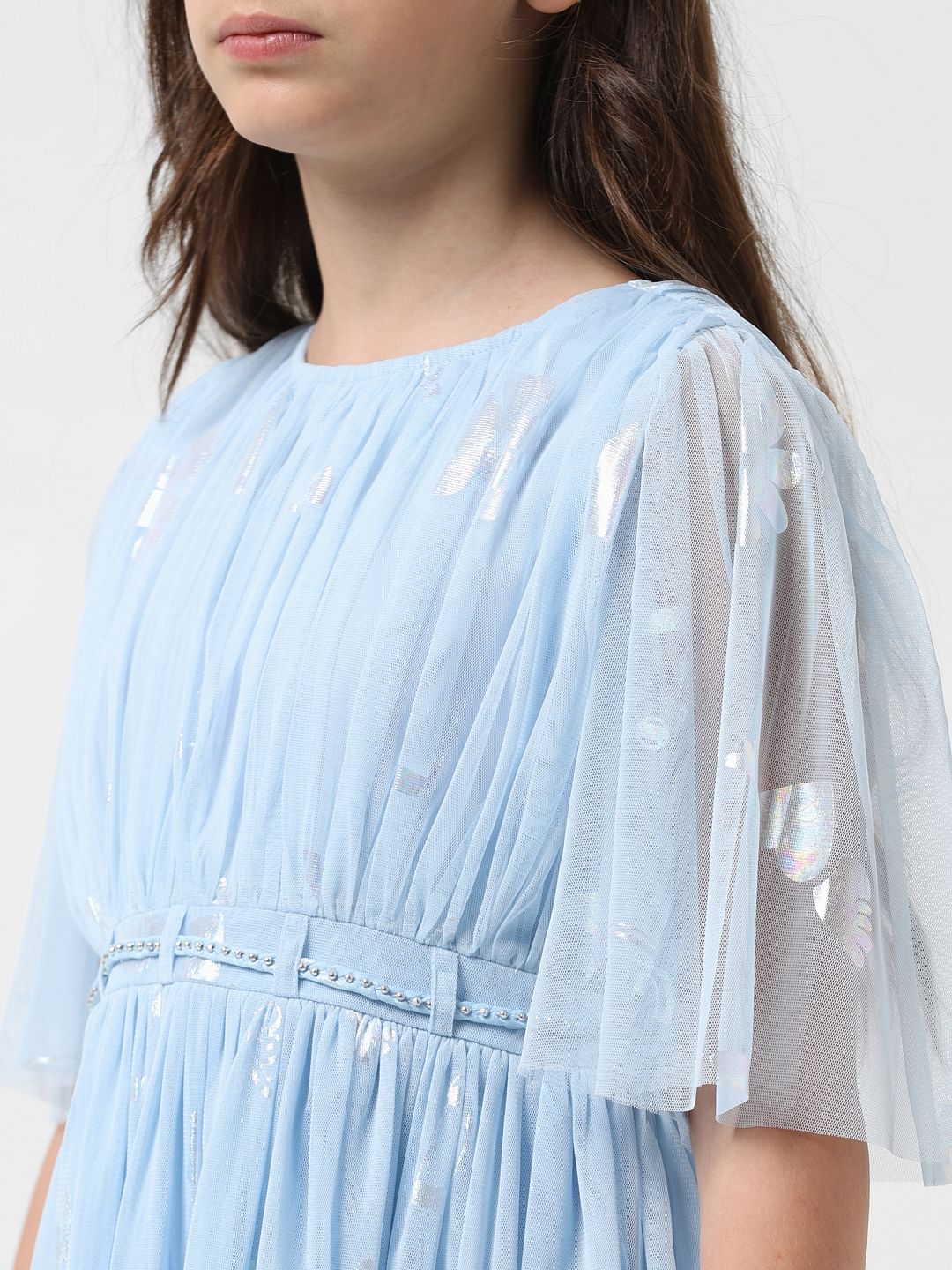 Girl Light Blue Mesh Fit & Flare Dress