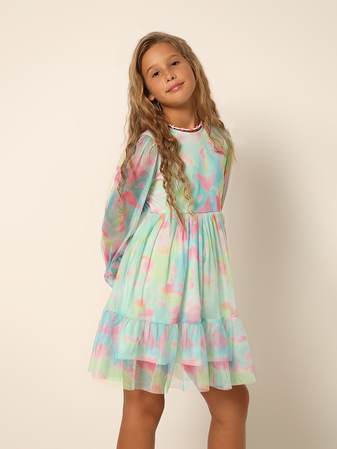 Girls Aqua Tie & Dye Fit & Flare Dress