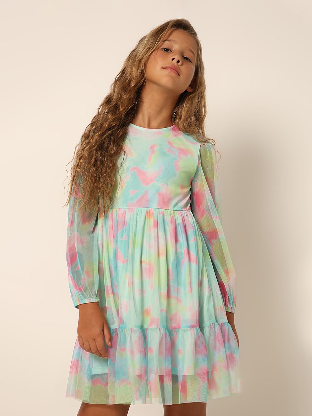 Girls Aqua Tie & Dye Fit & Flare Dress