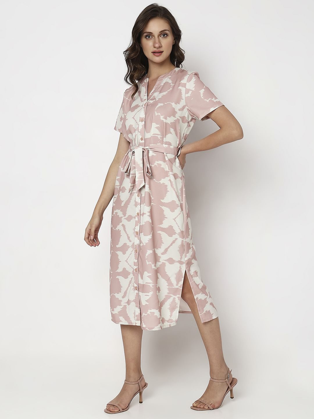 Pink Printed Midi Shirt Dress