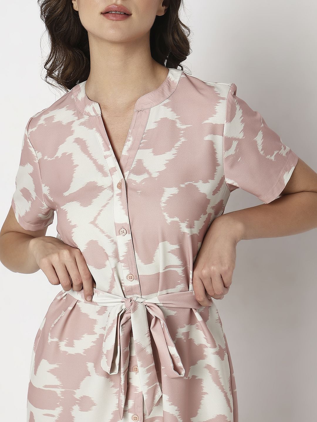 Pink Printed Midi Shirt Dress