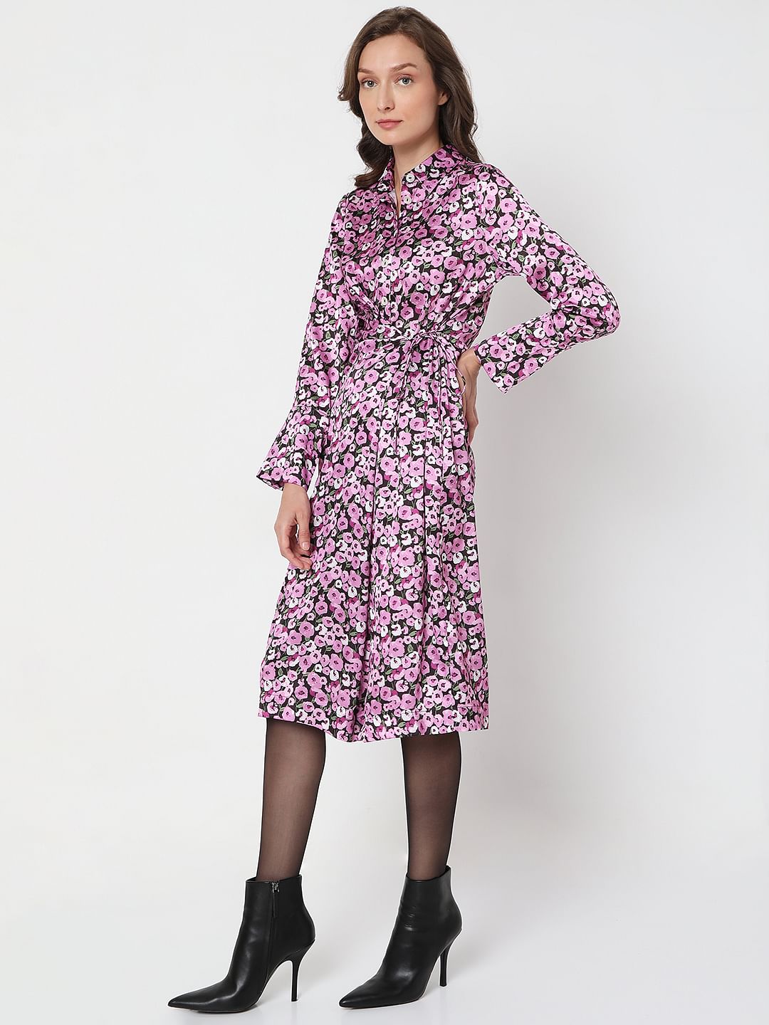 Purple Floral Print Shirt Dress