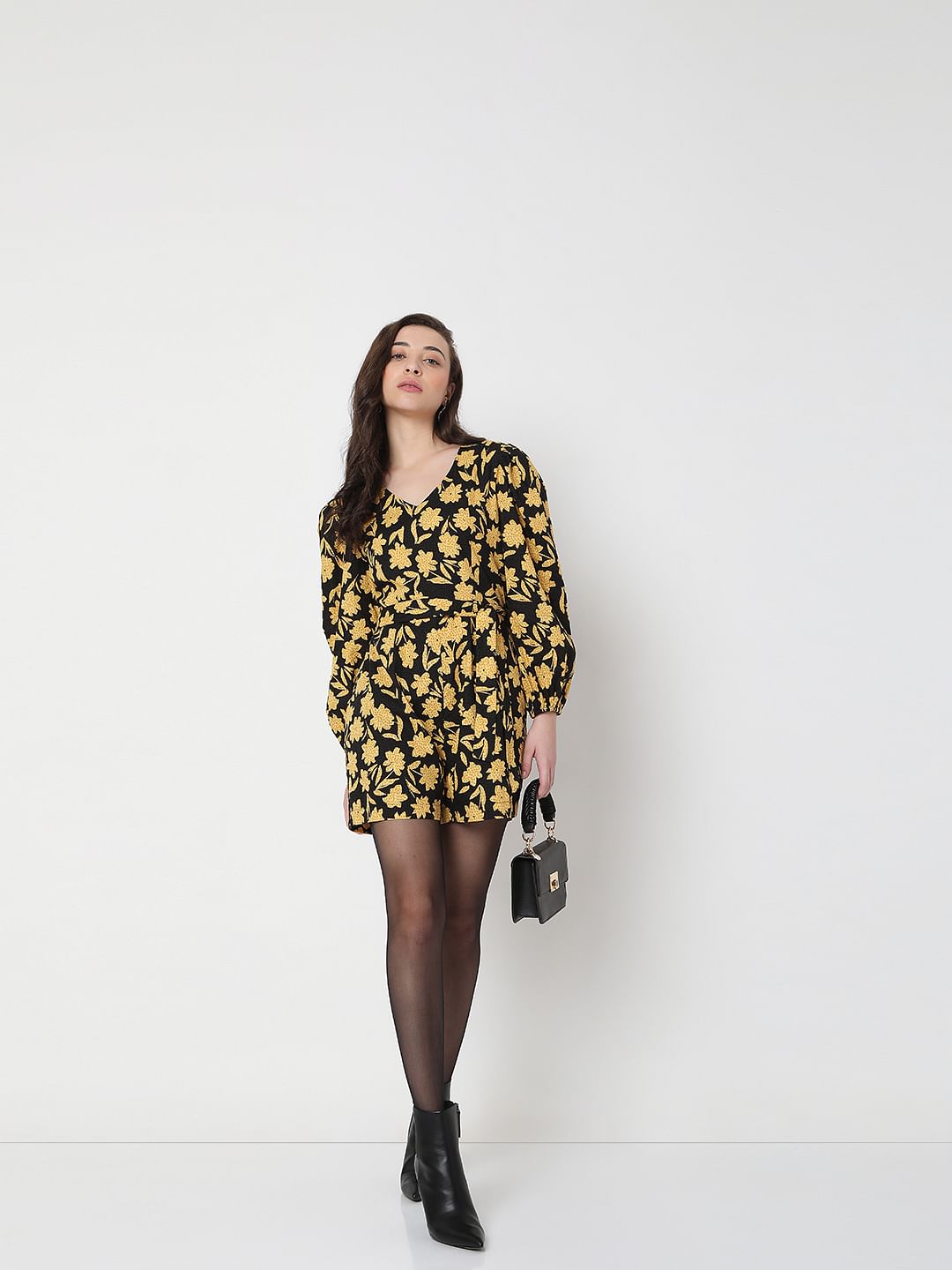 Black Floral Print Playsuit