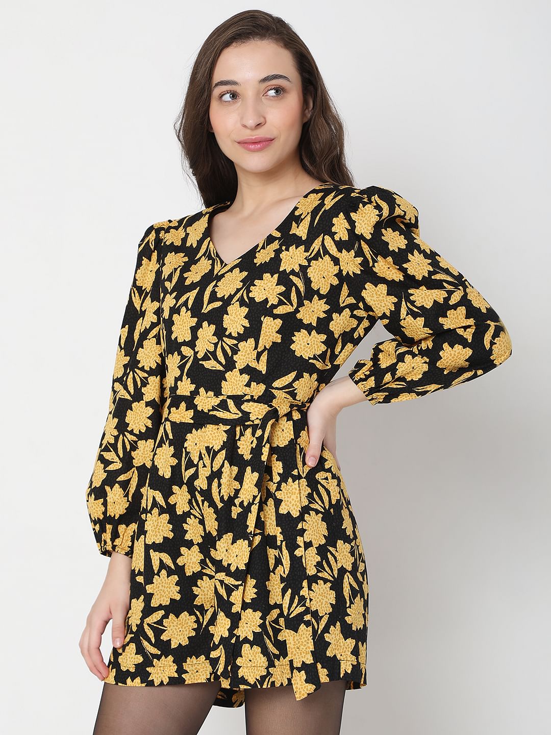 Black Floral Print Playsuit