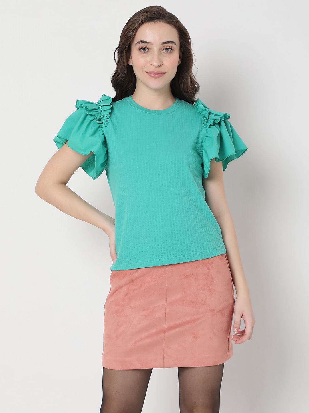 Green Ruffle Sleeves Top