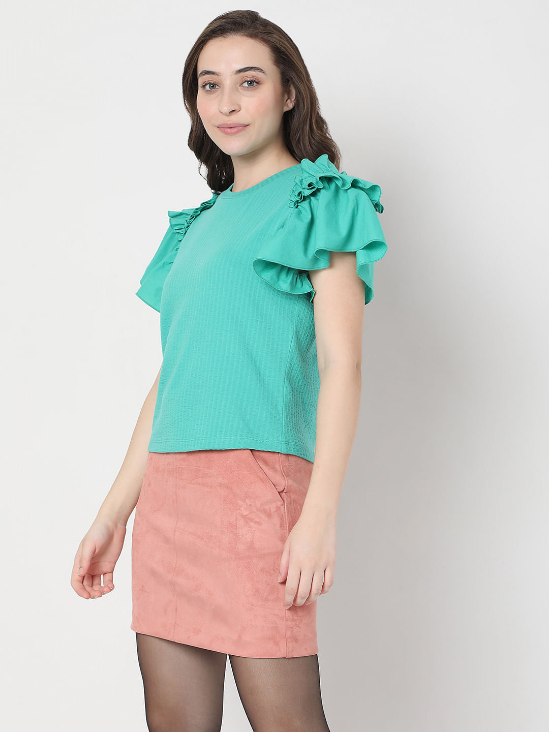 Green Ruffle Sleeves Top