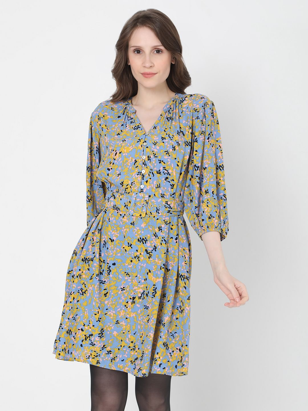 Blue Printed Fit & Flare Dress