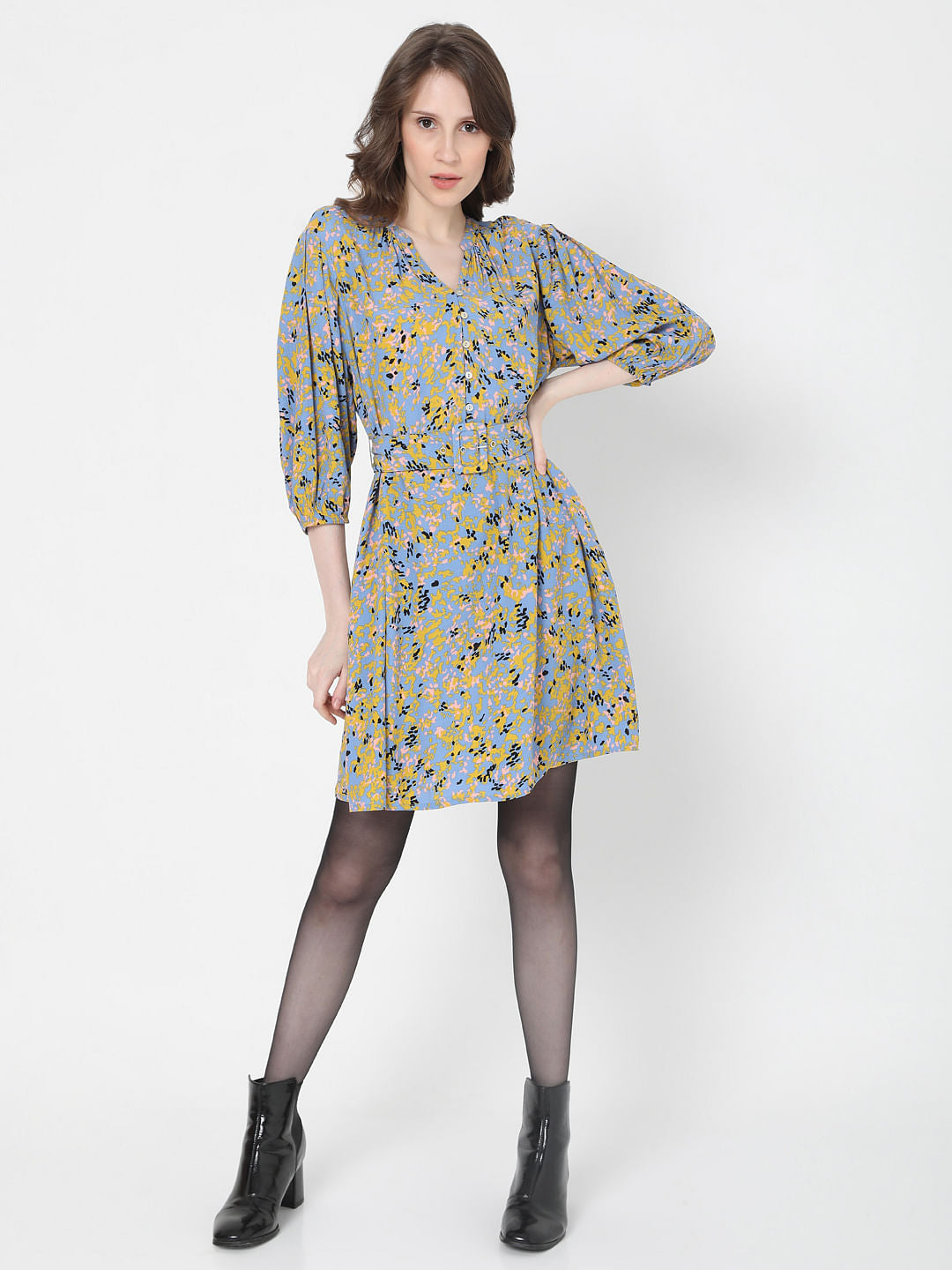 Blue Printed Fit & Flare Dress