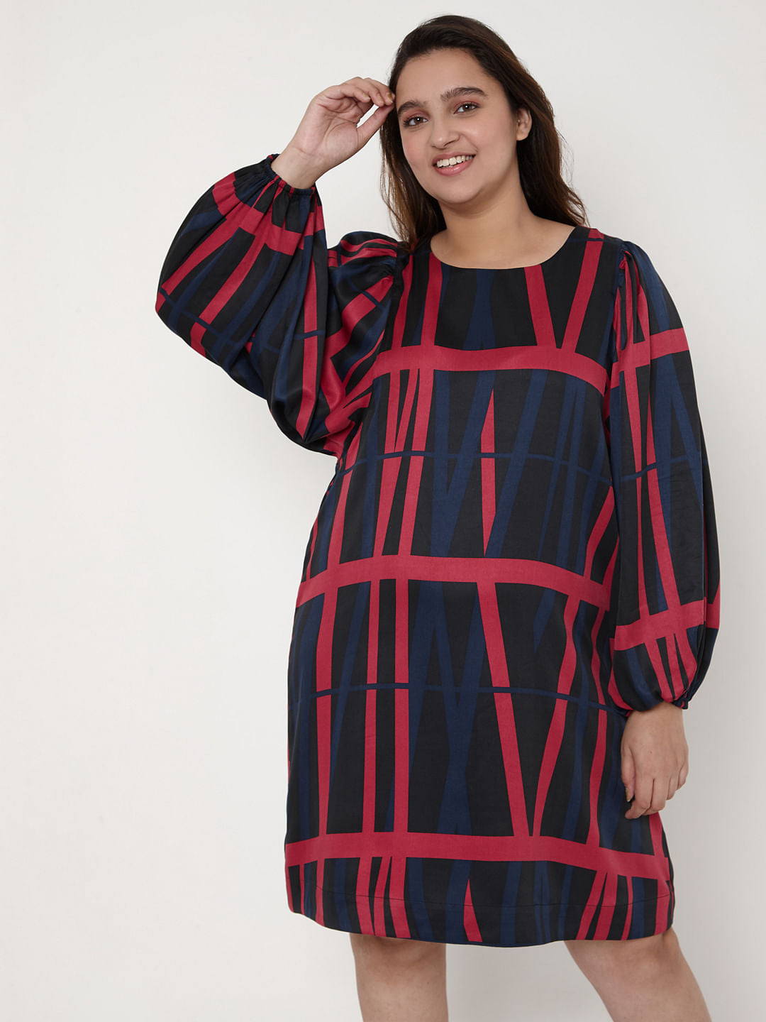 Curve Black Geometric Print Shift Dress