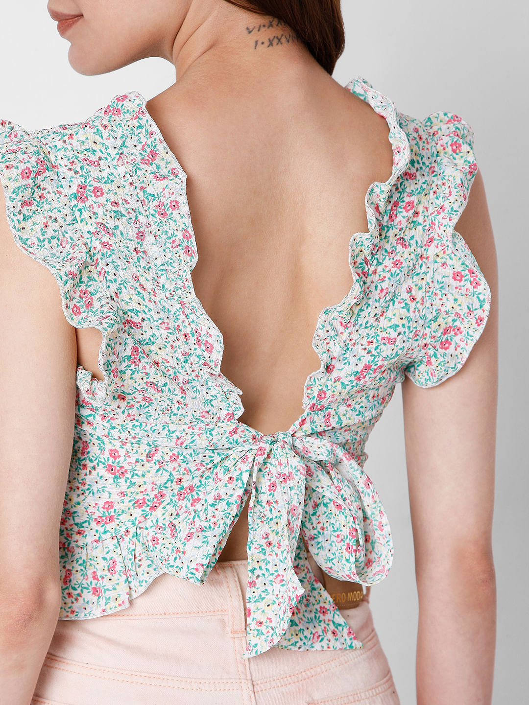 Green Floral Crop Top