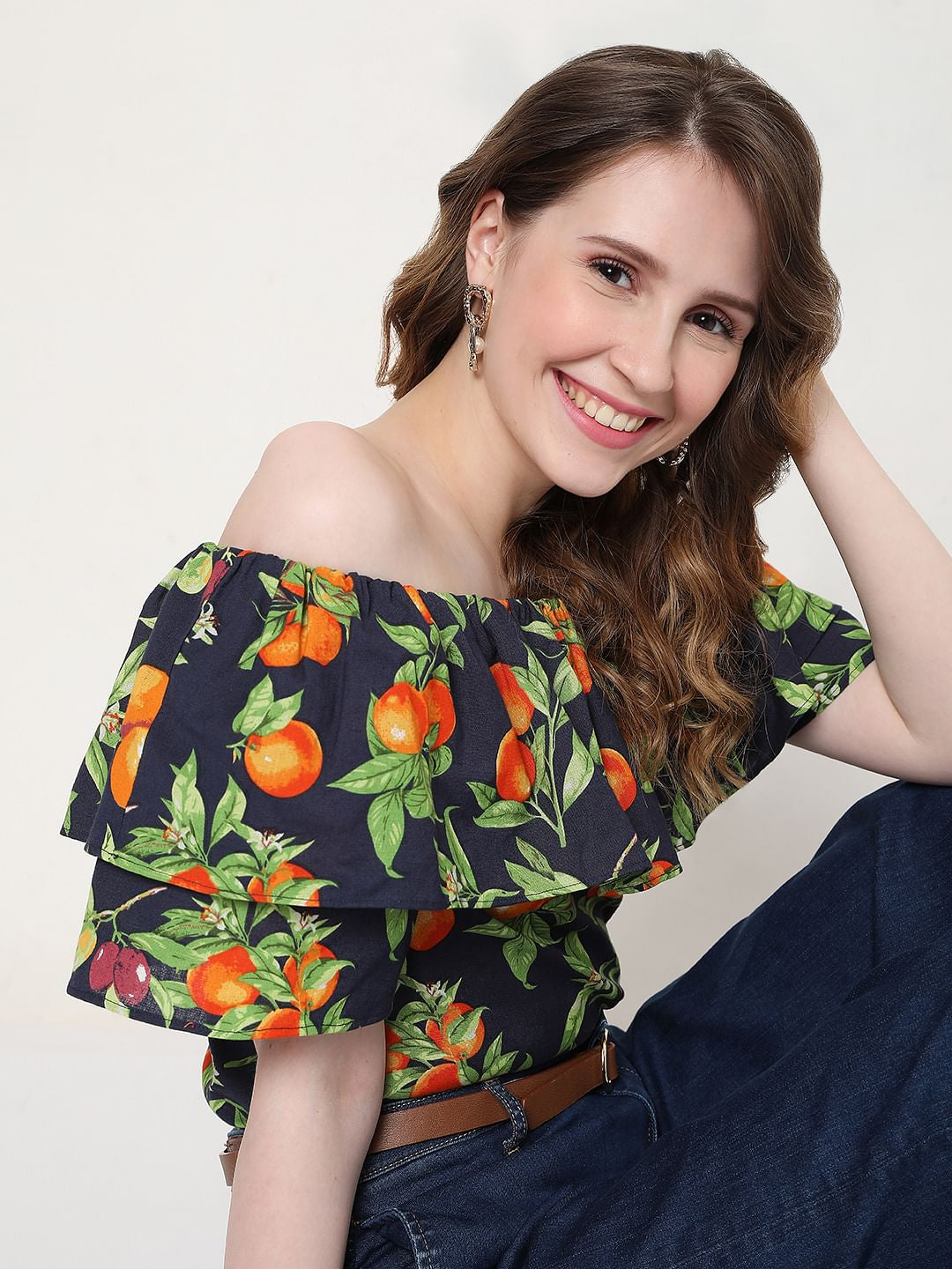 Blue Fruit Print Off Shoulder Top