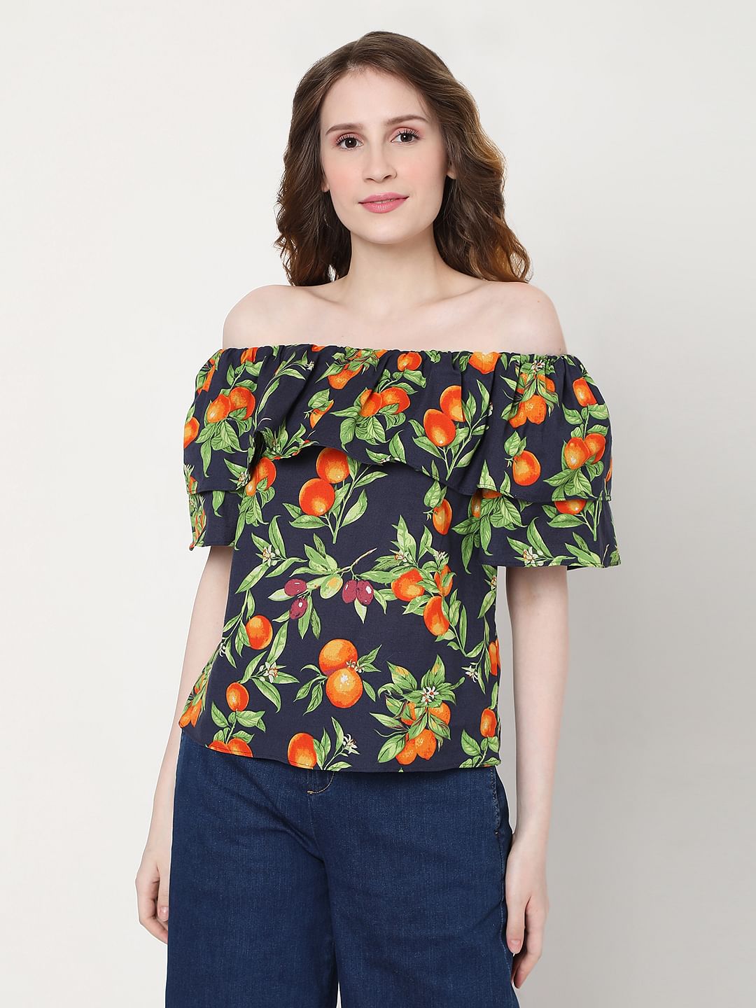 Blue Fruit Print Off Shoulder Top