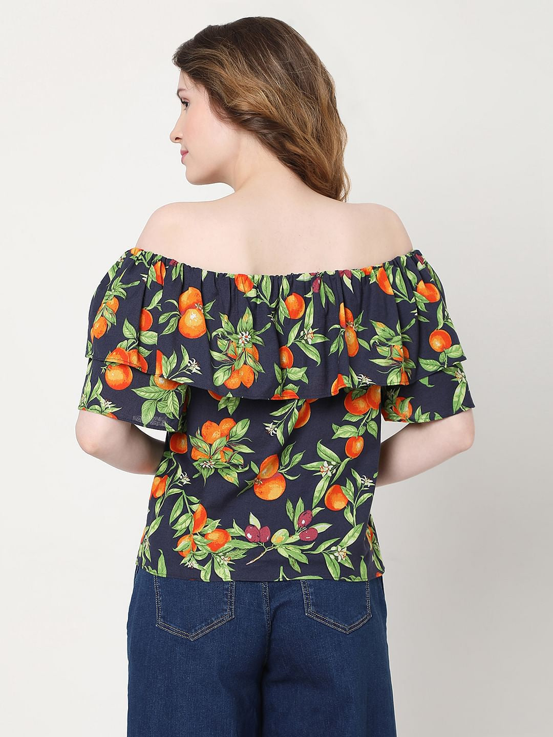 Blue Fruit Print Off Shoulder Top