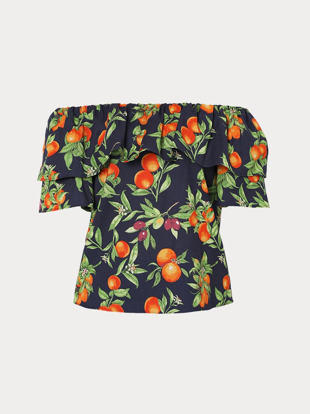 Blue Fruit Print Off Shoulder Top