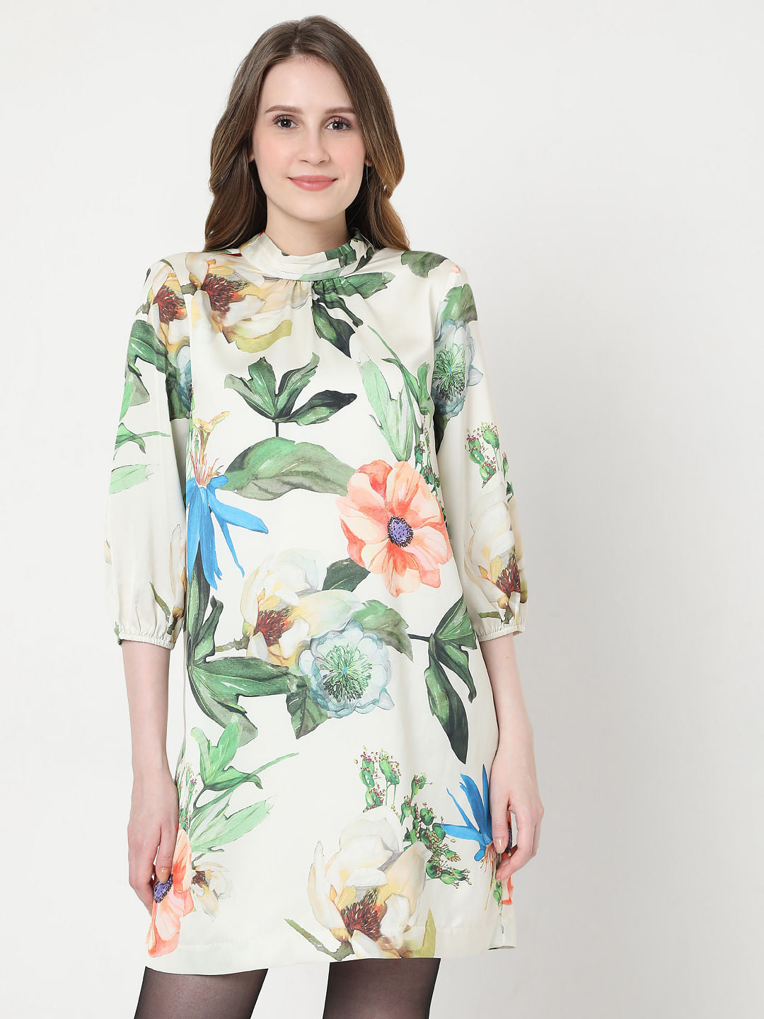 Beige Floral Mini Dress