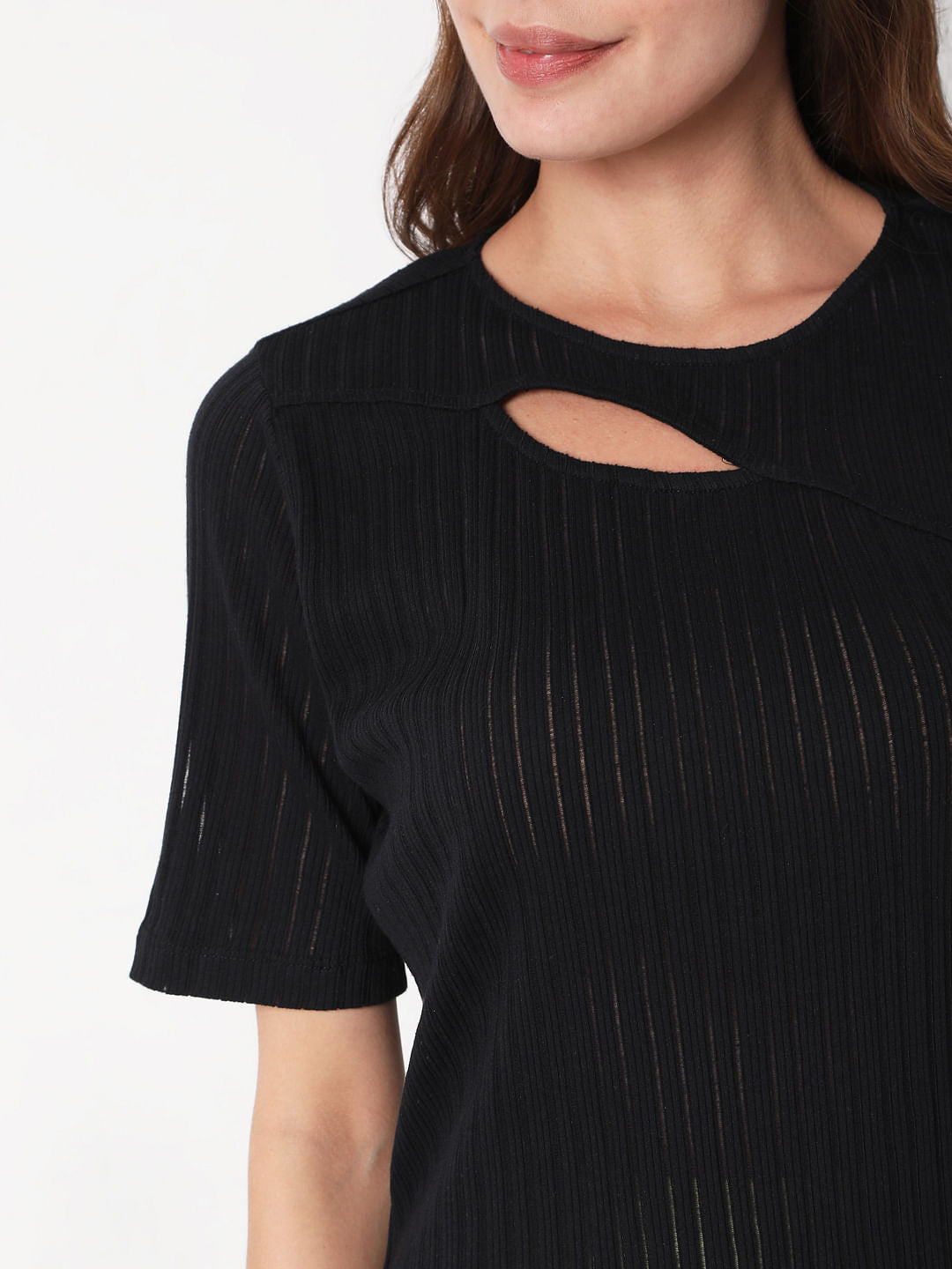 Black Ribbed Cut Out Top