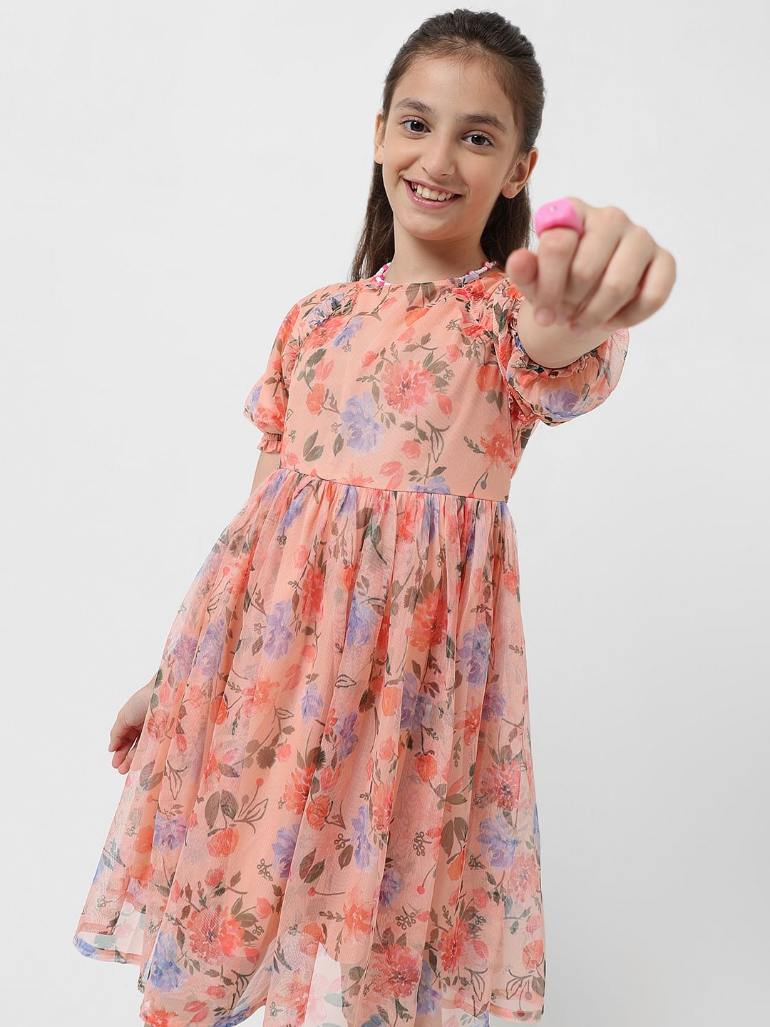 Girl Pink Digital Floral Print Dress - 5/6Y